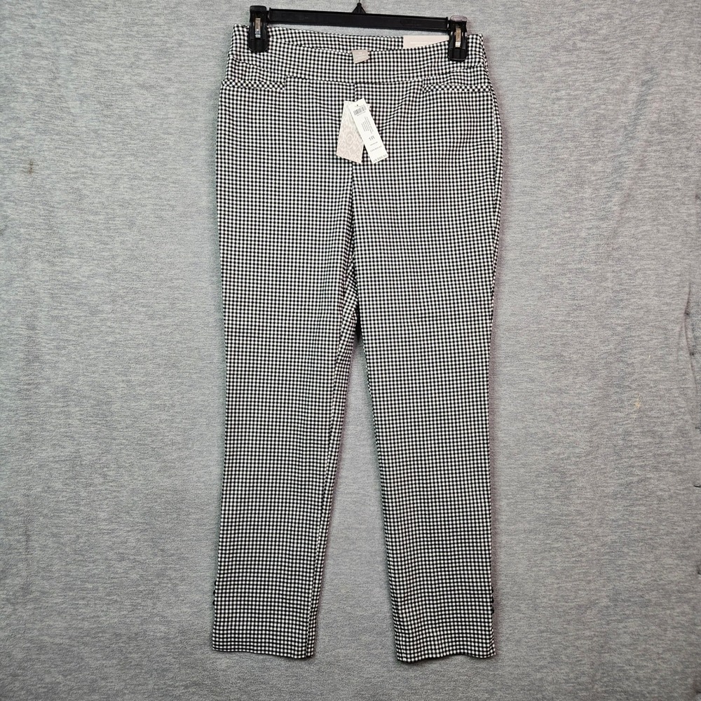 Chico's So Slimming Brigitte Gingham Slit Ankle Pants Black White US Sz 8R NWT